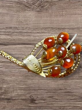 Vintage Gold-Tone Amber Bead Floral Statement Brooch - Unbranded
